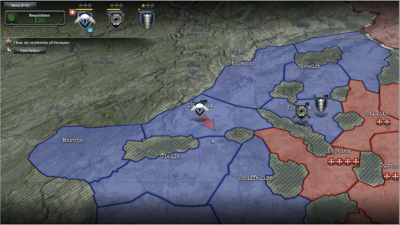 The player moving the Airborn Company to an adjacent allied territory.  At the top of the screen are your three company status - The stars denote Company Veterancy, the yellow bar is how close they are to gaining a Vet level and the blue bar is their strength.  If a Company drops to 0 strength, it is gone permanently.  You can reinforce the company, but bringing in new soldiers dilutes the battle-hardened ones and your vet will drop.