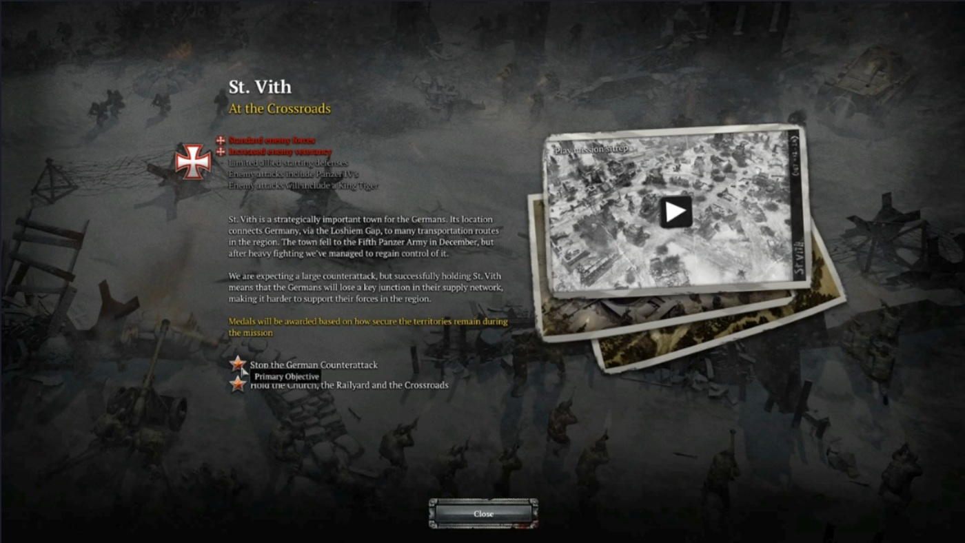 A mission briefing screen; here players can see what bonuses the Germans get due to their strength as well as any main objectives needed to complete and conditions under which medals can be awarded. Players can also watch the Sitrep briefing from the video link.