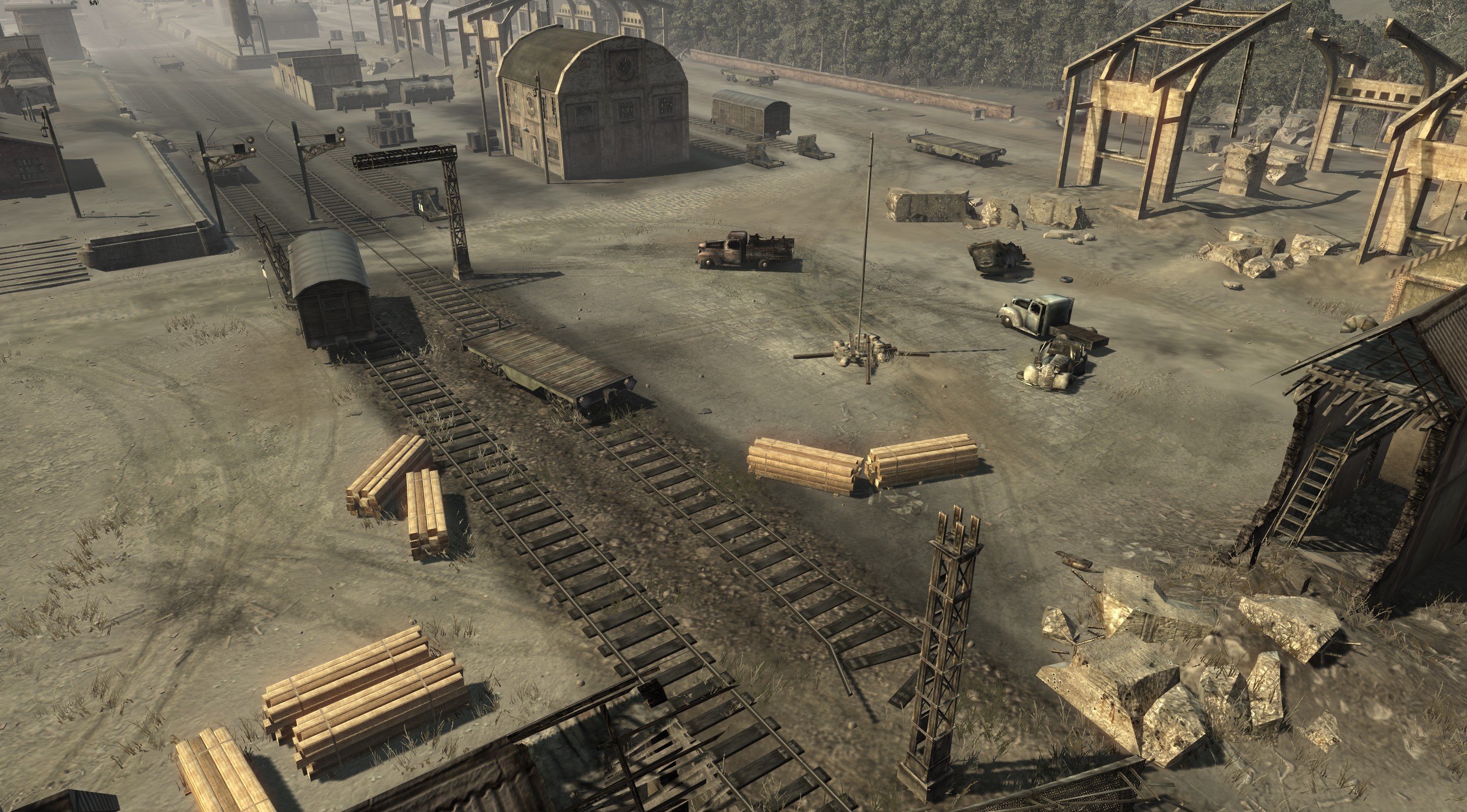 The eastern island was themed around a railyard.  Note the massiv skeleton of a structure in the background suggesting large warehouses at one point.