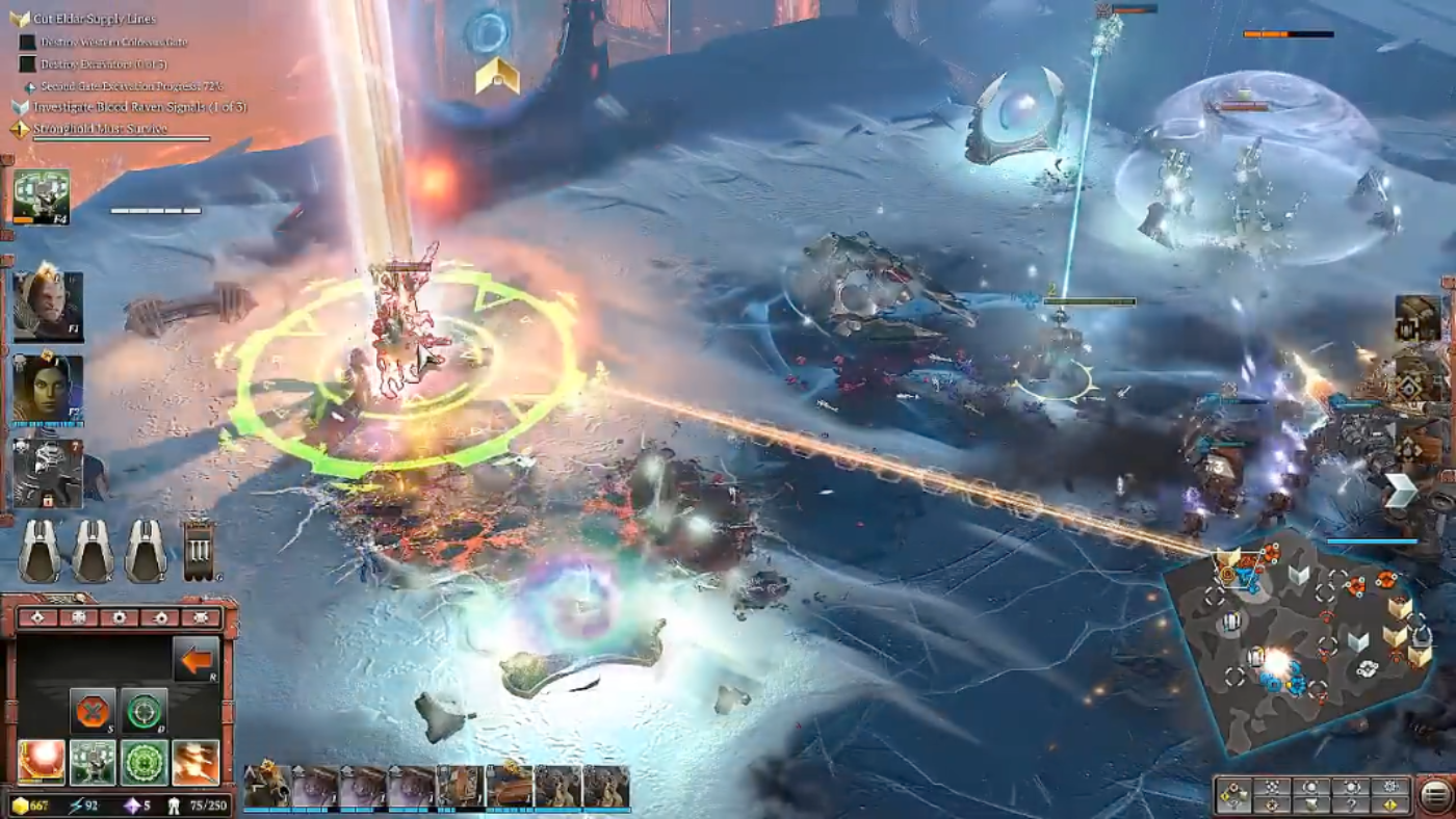 Player using Orbital Bombardment to destroy the Colossus Gate. You can actually control the beam and carve up enemies with ease.